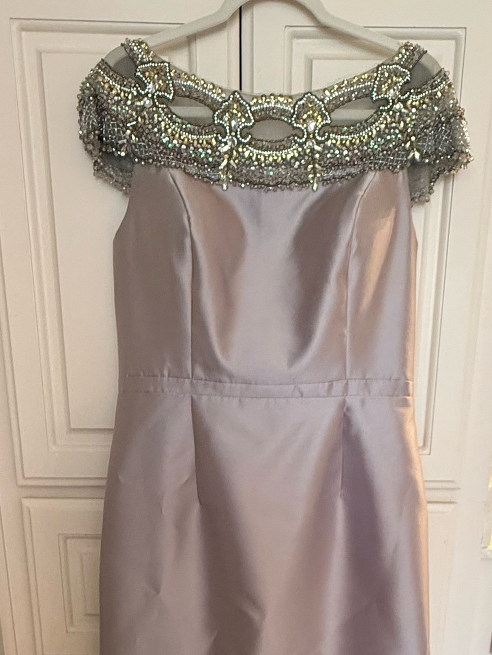 Terani Couture Beaded Evening Gown in Off Shoulder Light Mauve and Gold Accents